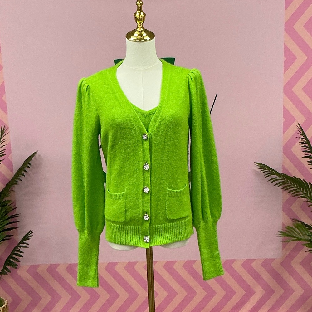 Lilly Pulitzer Neon Lime V‑Neck Cardigan with Crystal Buttons